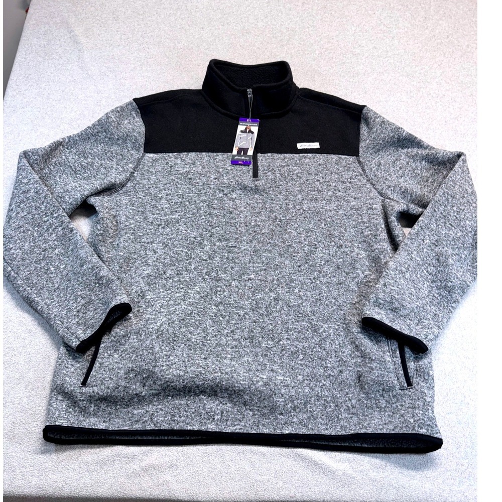 NWT Eddie Bauer XXL 1/4 Zip Sweater Fleece Pullover Black Gray Heather Men Comfy